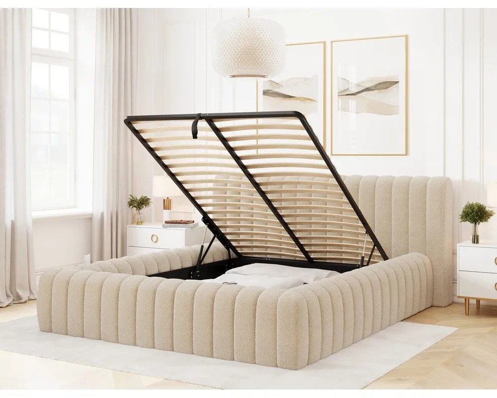 Letto matrimoniale imbottito beige con contenitore e rete inclusi 180x200 cm Carilla – ELTAP