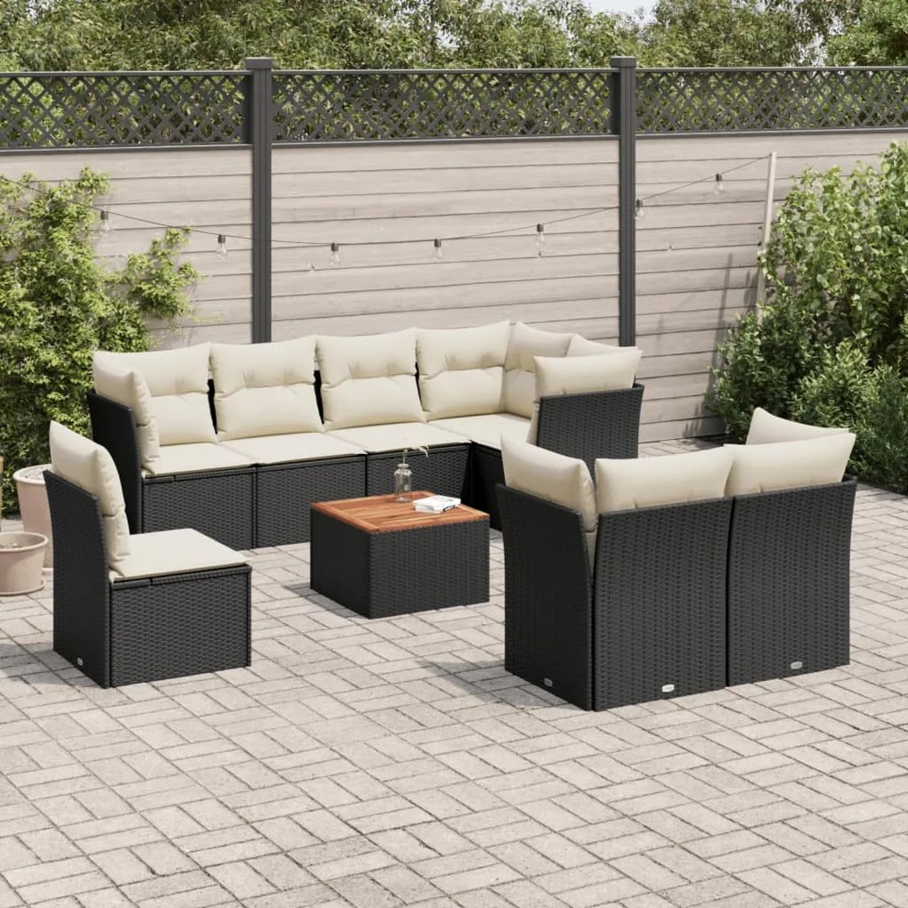 Set divani da giardino 9 pz con cuscini nero in polyrattan