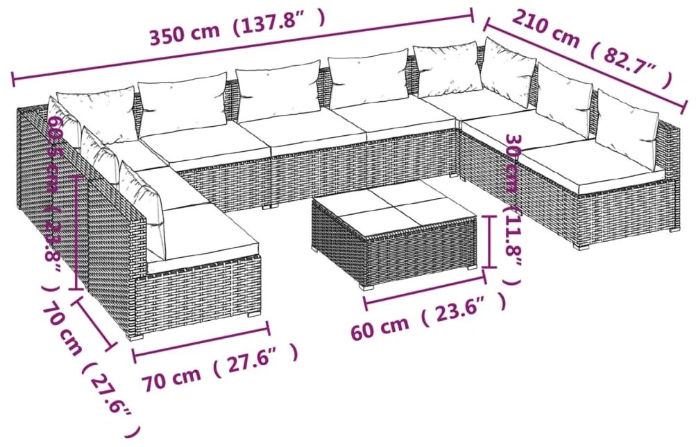 Set Divani da Giardino 10 pz con Cuscini in Polyrattan Grigio