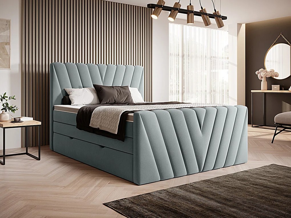 Letto matrimoniale boxspring Dusseldorf - 160 x 200 cm , Tessuto celeste