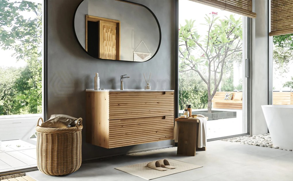 Mobile bagno rovere 100x45 Mango due cassetti soft close effetto legno con lavabo in ceramica lucida