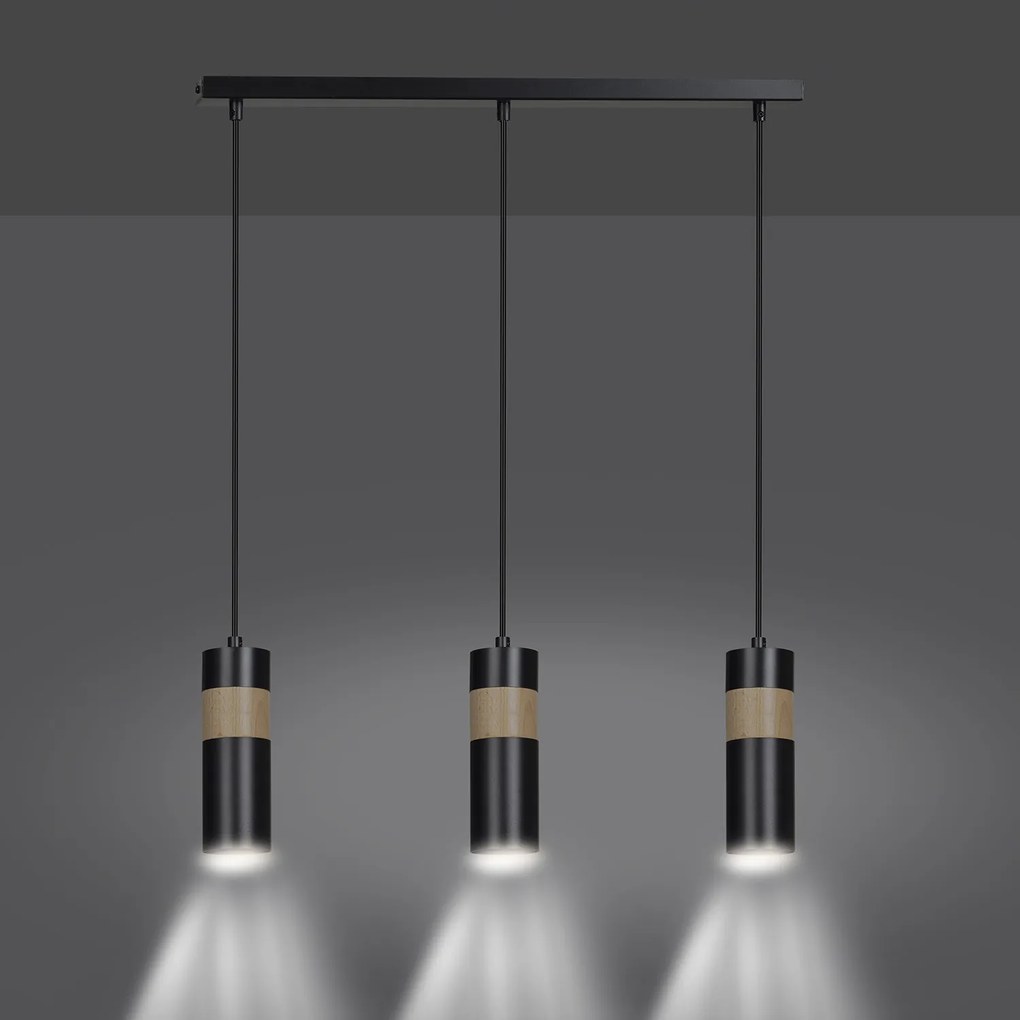 Lampadario 3 Luci Change In Acciaio Nero A Cilindro Con Legno Naturale