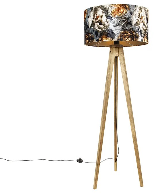 Lampada da terra vintage con paralume in legno con motivo floreale 50 cm - Tripod Classic