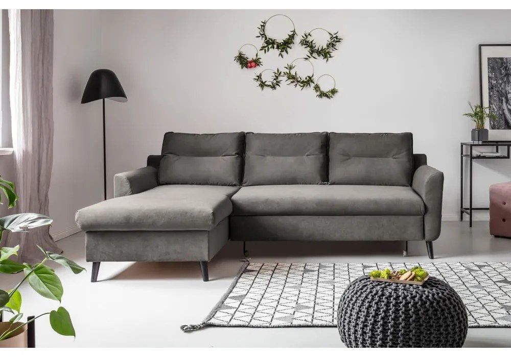 Divano letto angolare in velluto grigio scuro, angolo sinistro Stylish Stan - Miuform