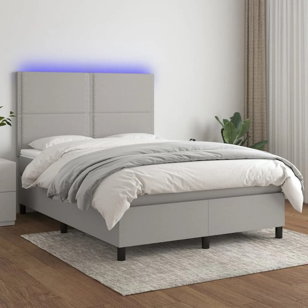 Letto a molle materasso e led grigio chiaro 140x200 cm tessuto