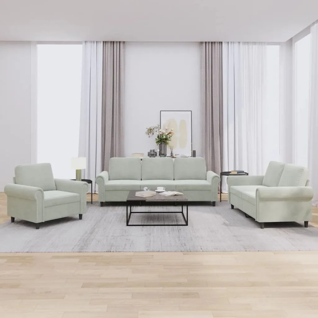 Set Di Divani 3 Pz Con Cuscini Grigio Chiaro İn Velluto /