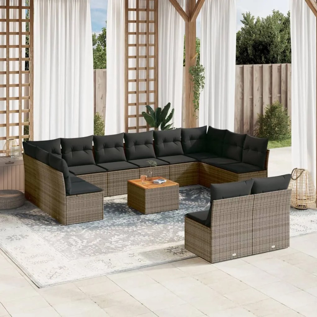 Set divani da giardino 13 pz con cuscini grigio in polyrattan