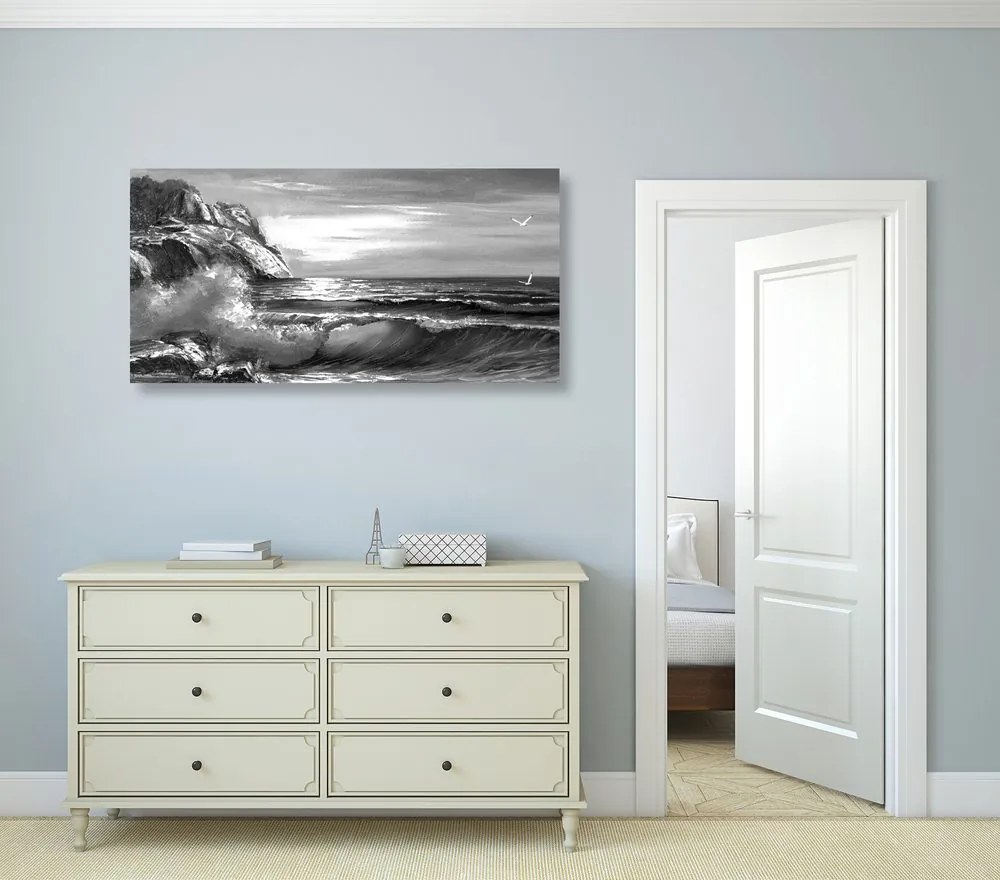 Quadro su tela – Onde marine sulla costa in bianco e nero