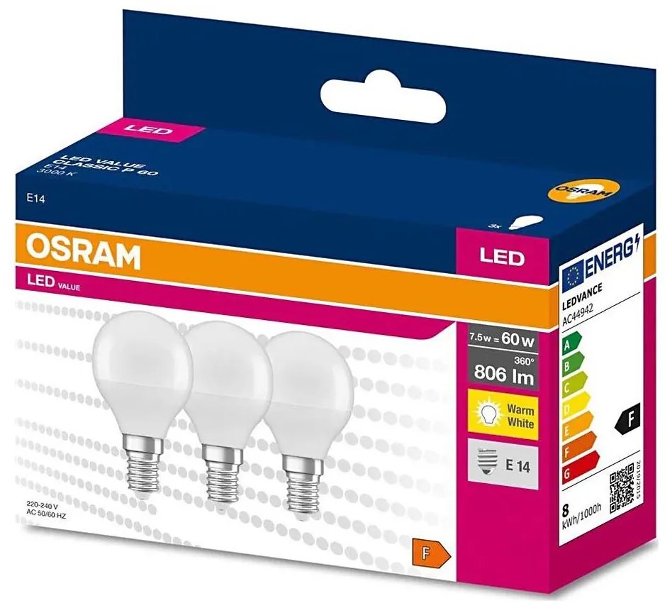 SET 3x Lampadina LED P45 E14/7,5W/230V 3000K - Osram