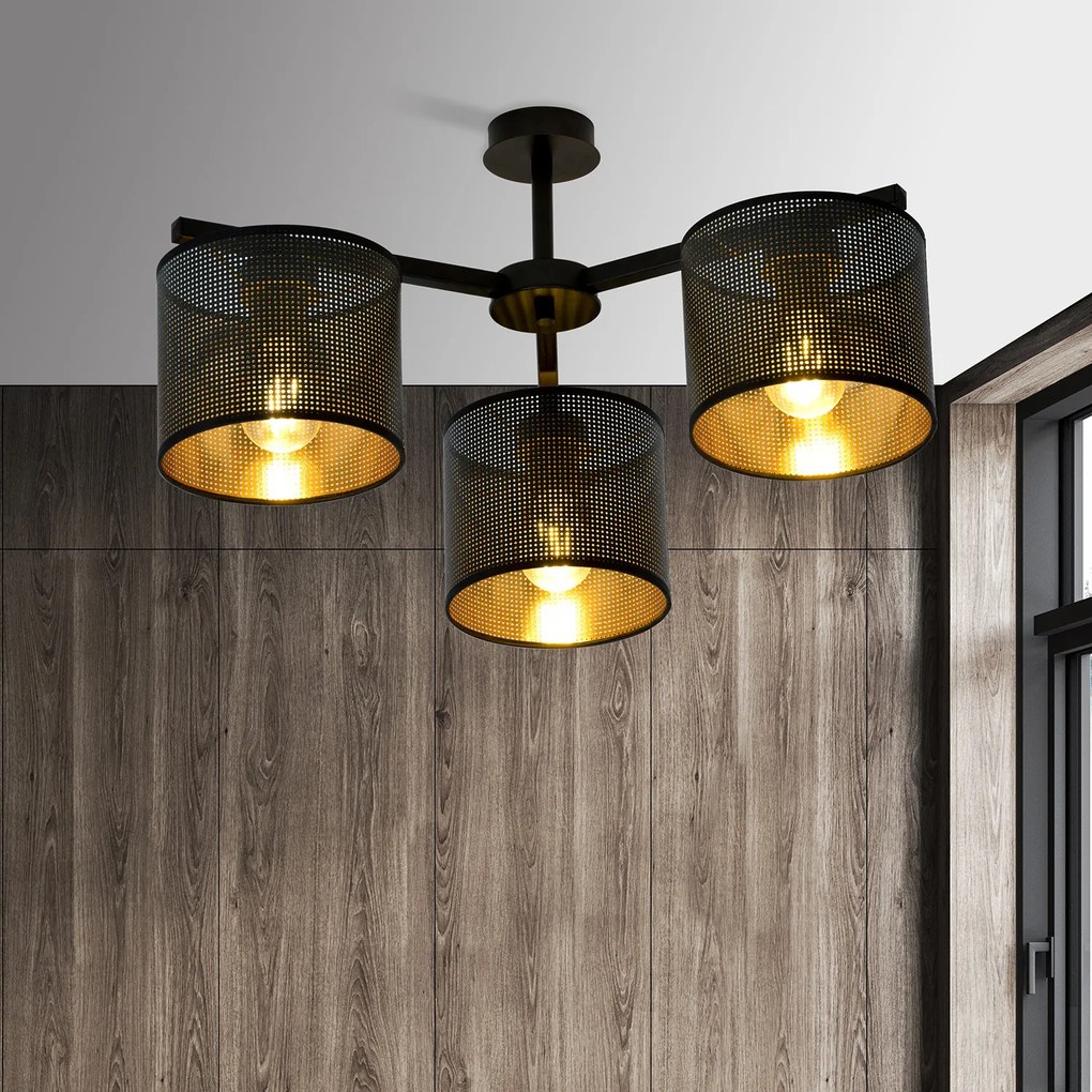 Plafoniera Industrial 3 Luci Cigno In Acciaio Nero E Paralumi A Cilindro Oro