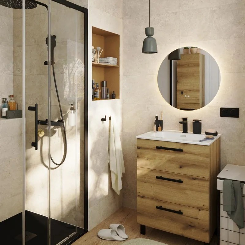 Mobile bagno a terra con lavabo L 60 x H 73 x P 45 cm rovere rustico truciolare 3 cassetti | Remix