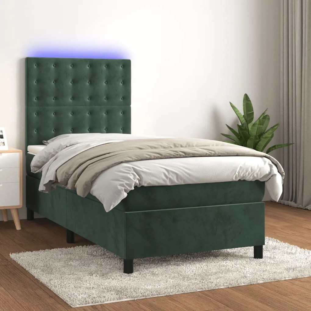 Letto A Molle Con Materasso E Led Verde Scuro 90x190 Cm Velluto /