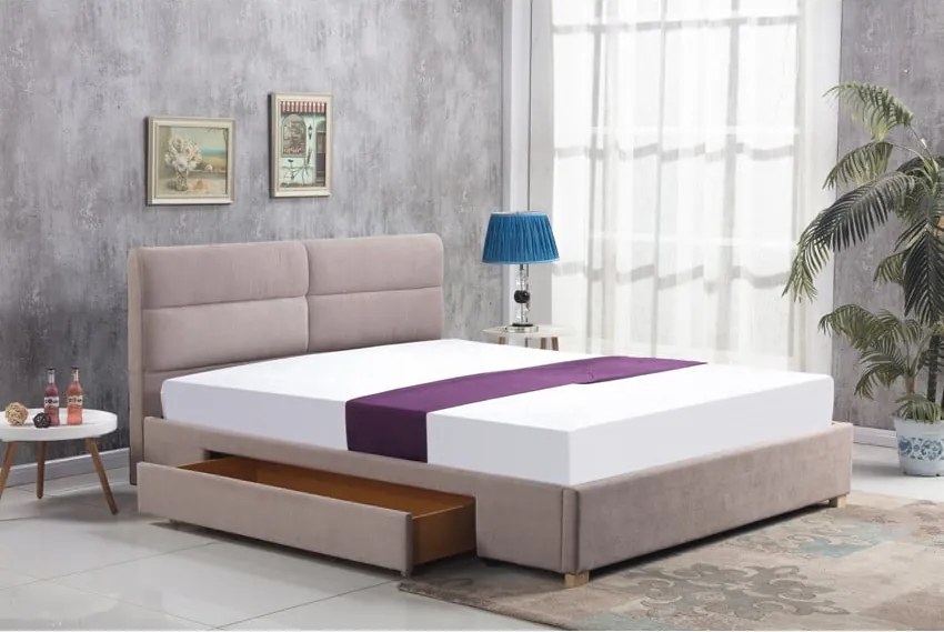 Letto Merida imbottito in tessuto beige - 160x200 cm