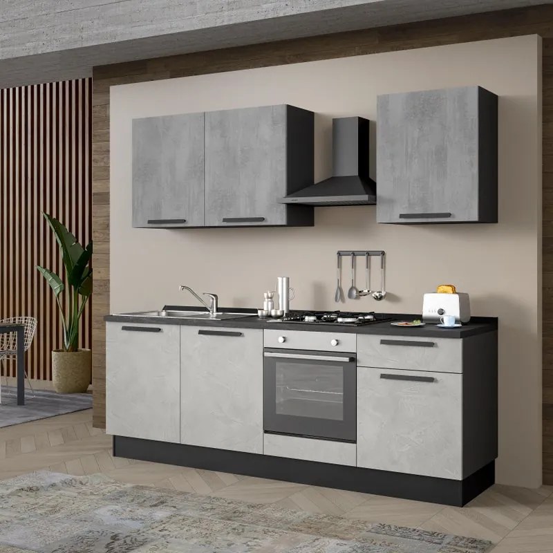 Cucina montata Dora bianco e grigio chiaro, lavello a sinistra , L 240 cm, completa di: cappa a camino, piano cottura a gas e forno