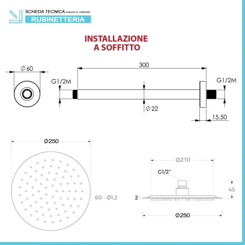 Set doccia con miscelatore, braccio verticale 30 cm e soffione 25cm cromo design tondo