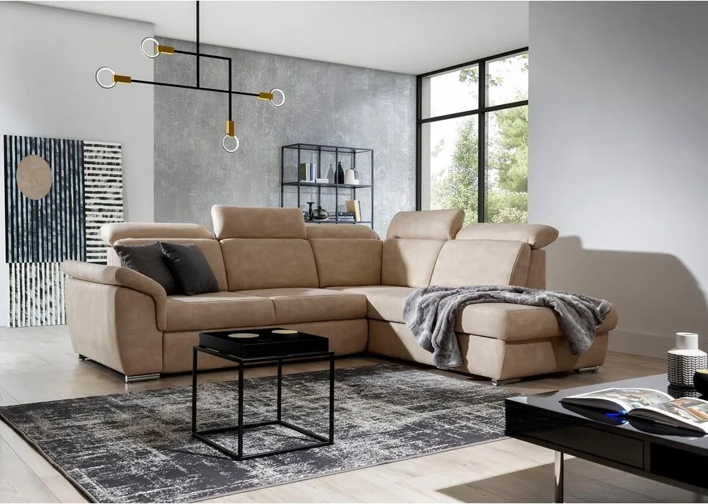 Divano angolare beige allungabile/con contenitore (con penisola a destra/a L) e rivestimento in velluto Loreto – ELTAP