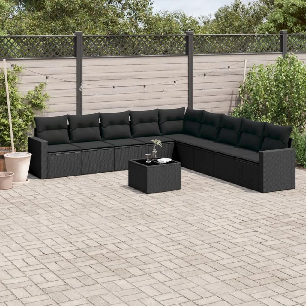 Set divani da giardino 10pz con cuscini in polyrattan nero