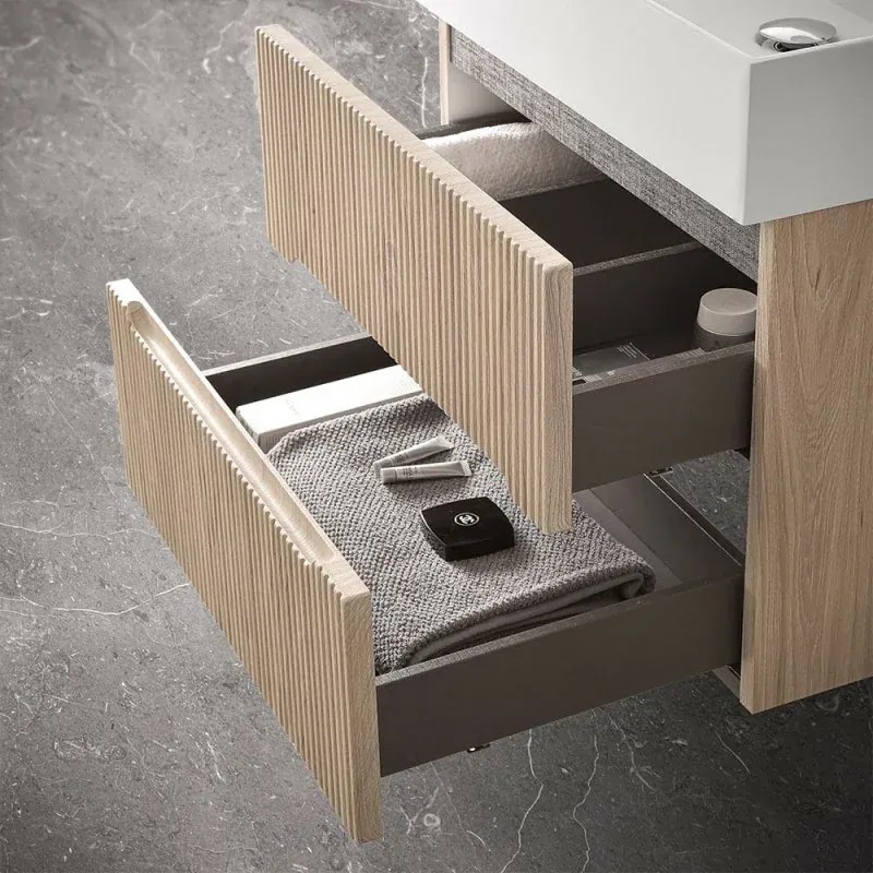 Mobile bagno sospeso cannettato 70 cm rovere chiaro con specchio Bali