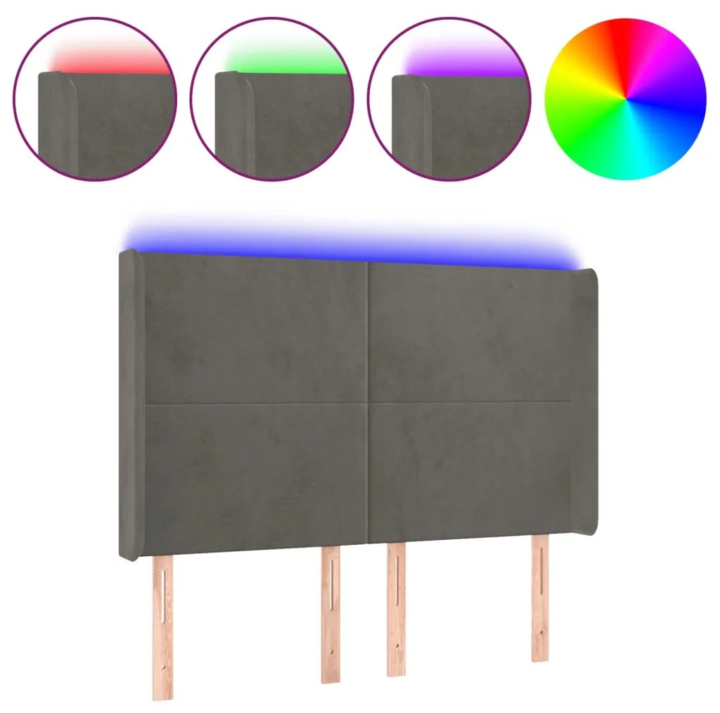 Testiera a led grigio scuro 147x16x118/128cm in velluto