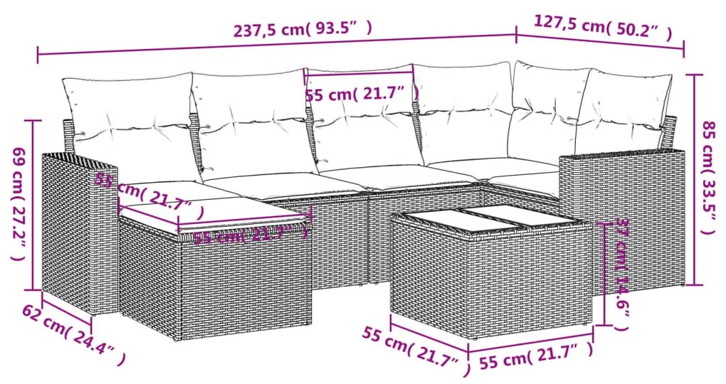 Set Divani da Giardino 7 pz con Cuscini Beige in Polyrattan