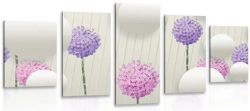 Quadri 5 pezzi – Fiori interessanti con elementi e motivi astratti