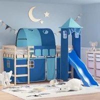 Letto a Soppalco con Torre Bambini Blu 90x200cm Massello Pinocod mxl 133256