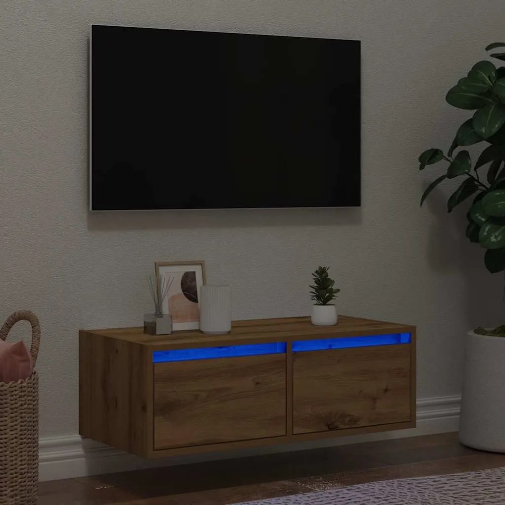 Mobile Porta Tv Con Luci Led Rovere Artigianale 75x35,5x25 Cm /
