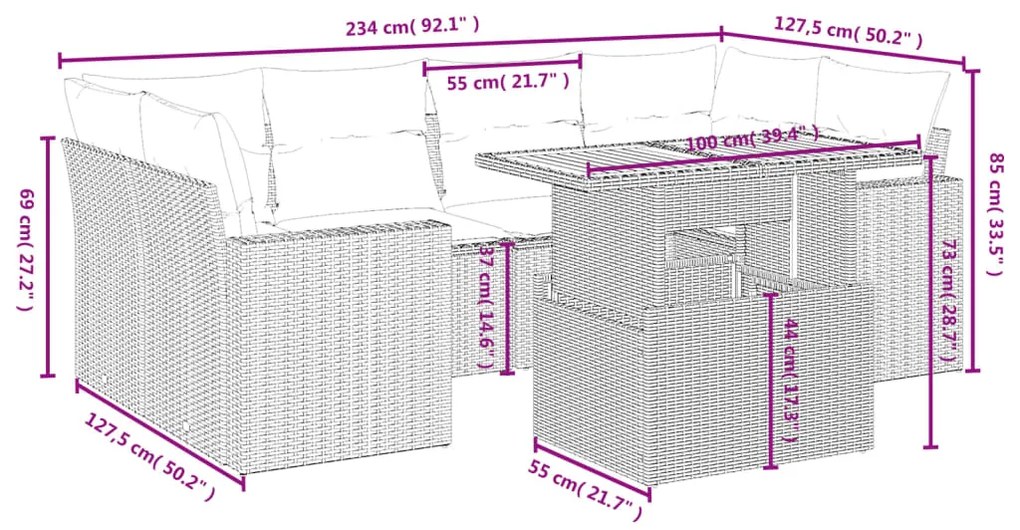 Set divani da giardino con cuscini 7pz nero polyrattan