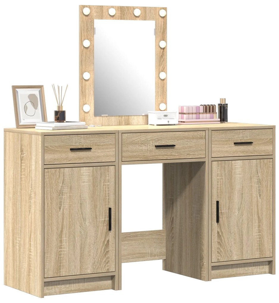 Set da toeletta 3 pezzi con led in rovere sonoma in legno ingegnerizzato