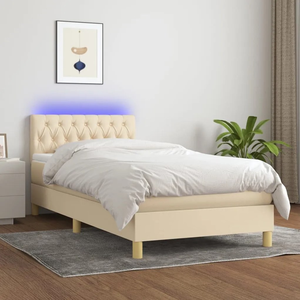 Letto a Molle con Materasso e LED Crema 90x200 cm in Tessuto