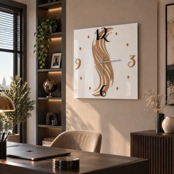 Orologio da Parete Quadrato TRATO 65x65 cm - Vetro Bianco e Legno Rovere