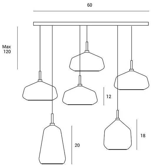 Lampada a sospensione x-ray  6 luci 2 vetri fume' - 2 vetri miele - 2 vetri cielo