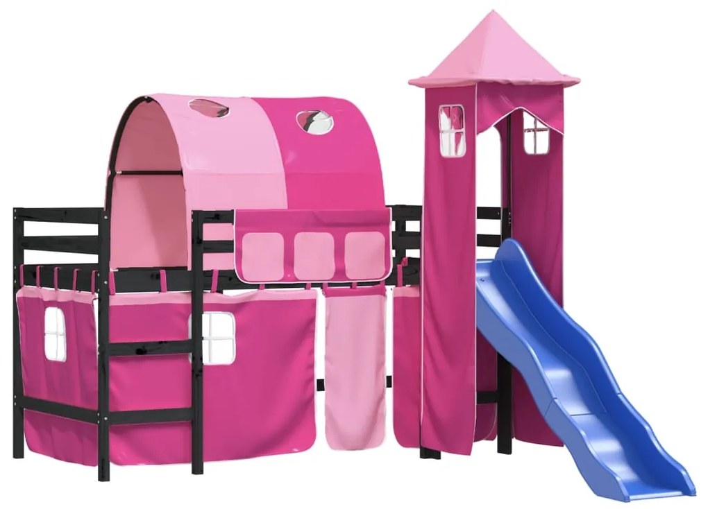 Letto a soppalco con torre bambini rosa 80x200cm massello pino
