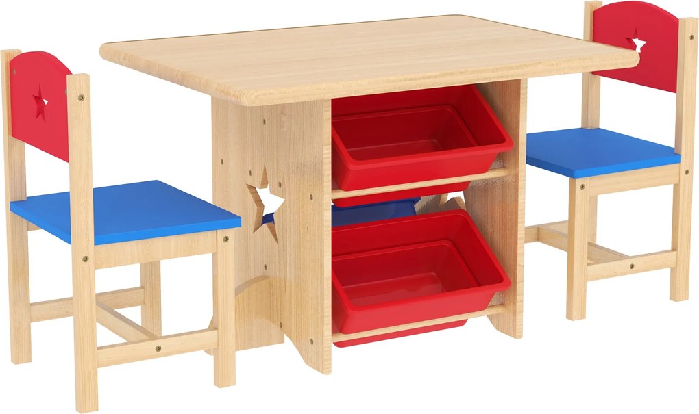 Set Tavolo e Sedie per Bambini con 4 Contenitori per Giochi in Legno e PP...