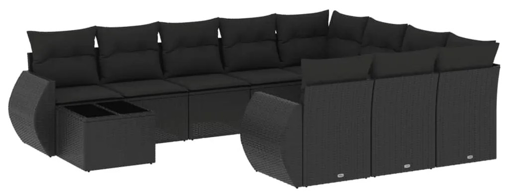 Set divani da giardino 11 pz con cuscini in polyrattan nero