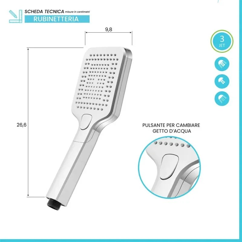 Doccetta quadrata 26,6 cm con tre tipi di getto cromo in ABS Hidra