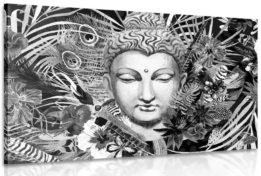 Quadro su tela – Buddha su sfondo esotico in bianco e nero