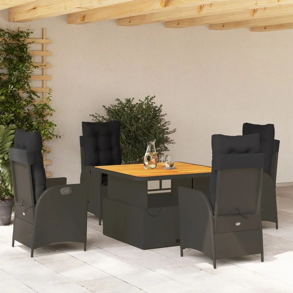 Set da pranzo da giardino 5 pz nero con cuscini in polyrattan