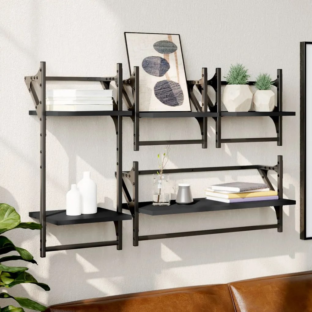 Set Mensole Da Parete Con Aste 4pz Nero İn Legno Multistrato /