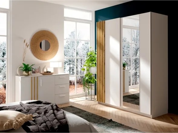 Credenza 120 Cm 2 Ante 3 Cassetti Listelli Rovere Toll Bianco Opaco