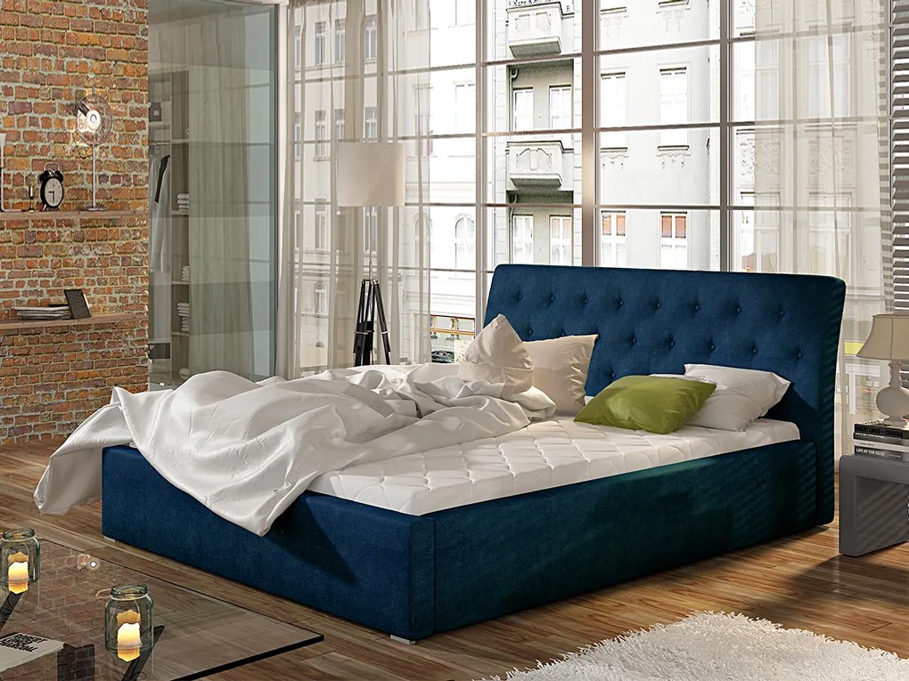 Letto matrimoniale con box contenitore Taiwan - 160 x 200 cm , Tessuto blu