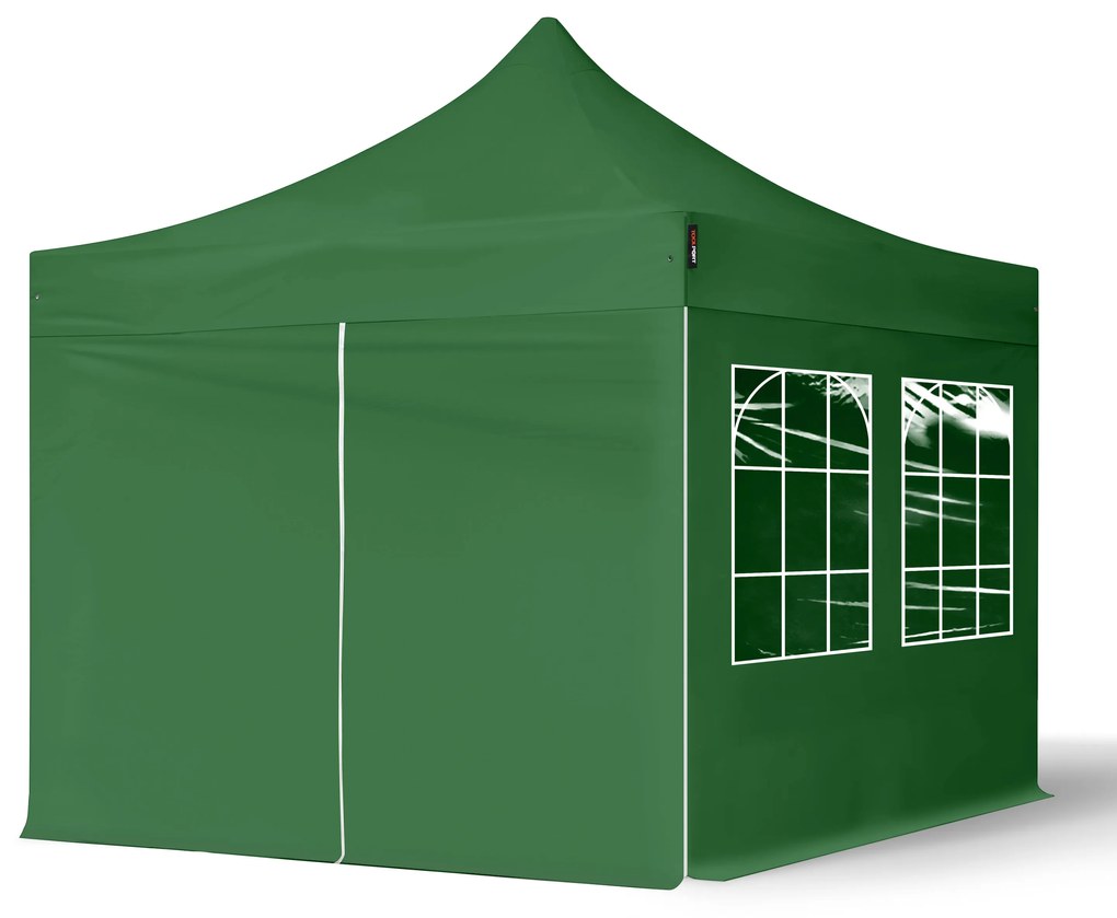 TOOLPORT 3x3m gazebo pieghevole con laterali (finestre), ECONOMY acciaio, verde scuro - (581832)