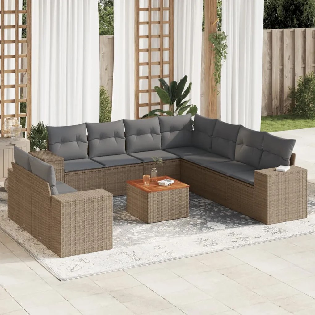 Set Divano da Giardino 10 pz con Cuscini Beige in Polyrattan