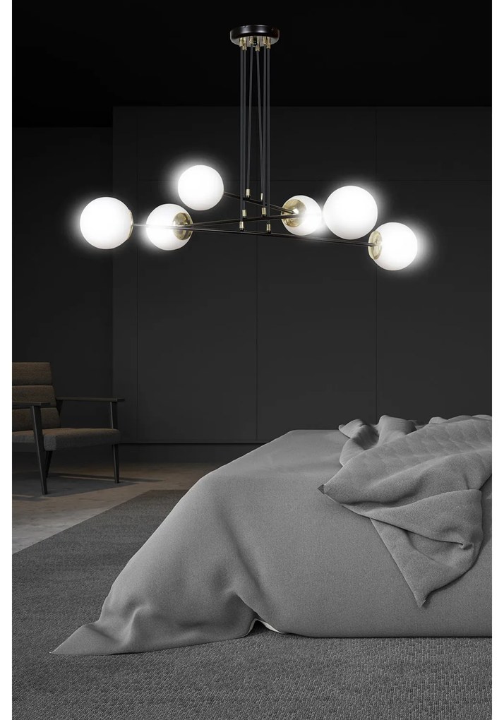 Lampadario Moderno 6 Luci Tsukuyomi In Acciaio Nero E Oro E Vetro A Sfera Opale