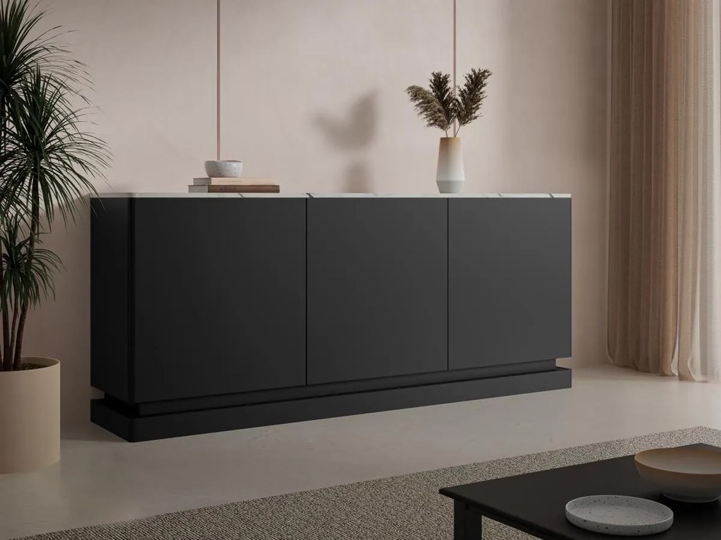 Credenza 3 ante con LED in MDF Nero ed effetto marmo Bianco - DEVIKA di Pascal MORABITO