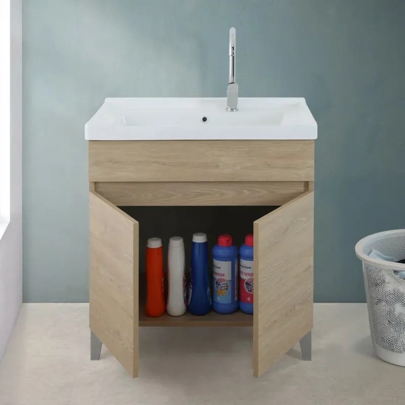 Mobile lavatoio 79x46,8 cm rovere dolomite con vasca in ceramica bianca