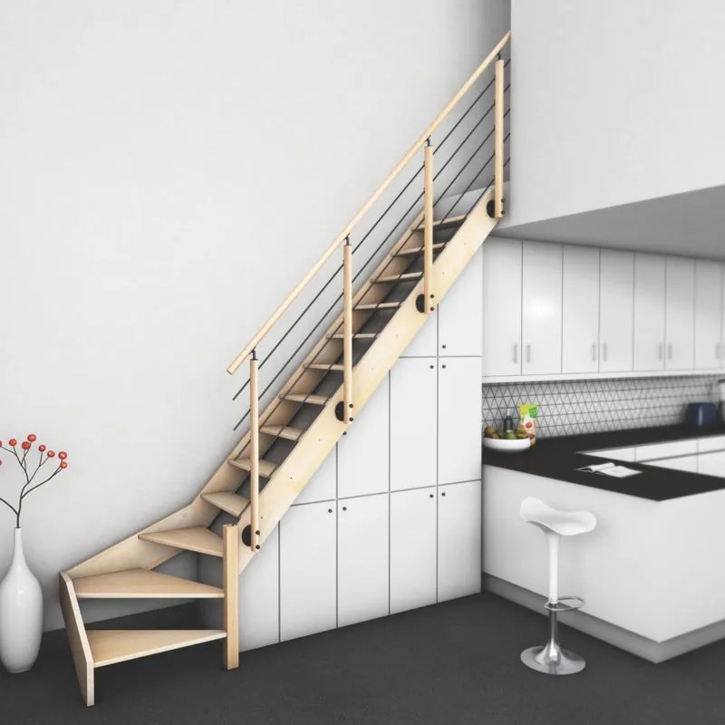 Scala 1/4 di giro in basso a destra Nostra con parapetto BURGER, struttura in legno abete naturale, gradini in legno faggio, colore faggio naturale