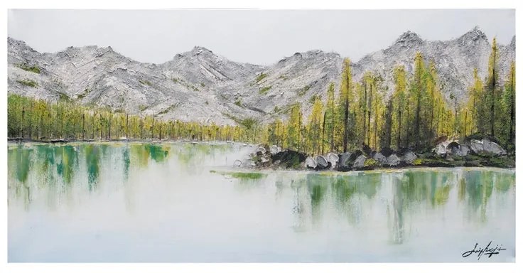 Dipinto su tela Lago montagna2, grigio / argento verde 60 x 120 cm