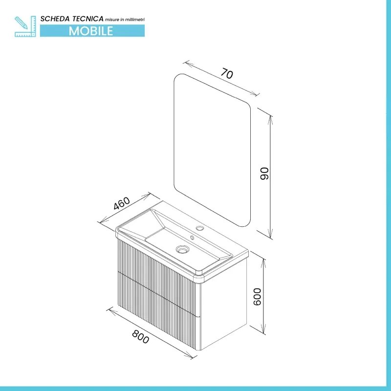 Mobile bagno sospeso 80cm beige cannettato con cassetti, specchio e lavabo Mia