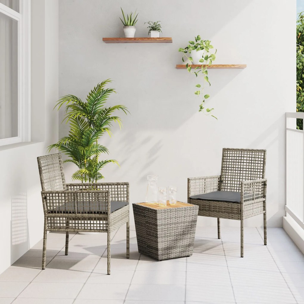 Set bistro da giardino 3 pezzi con cuscini grigio in polyrattan